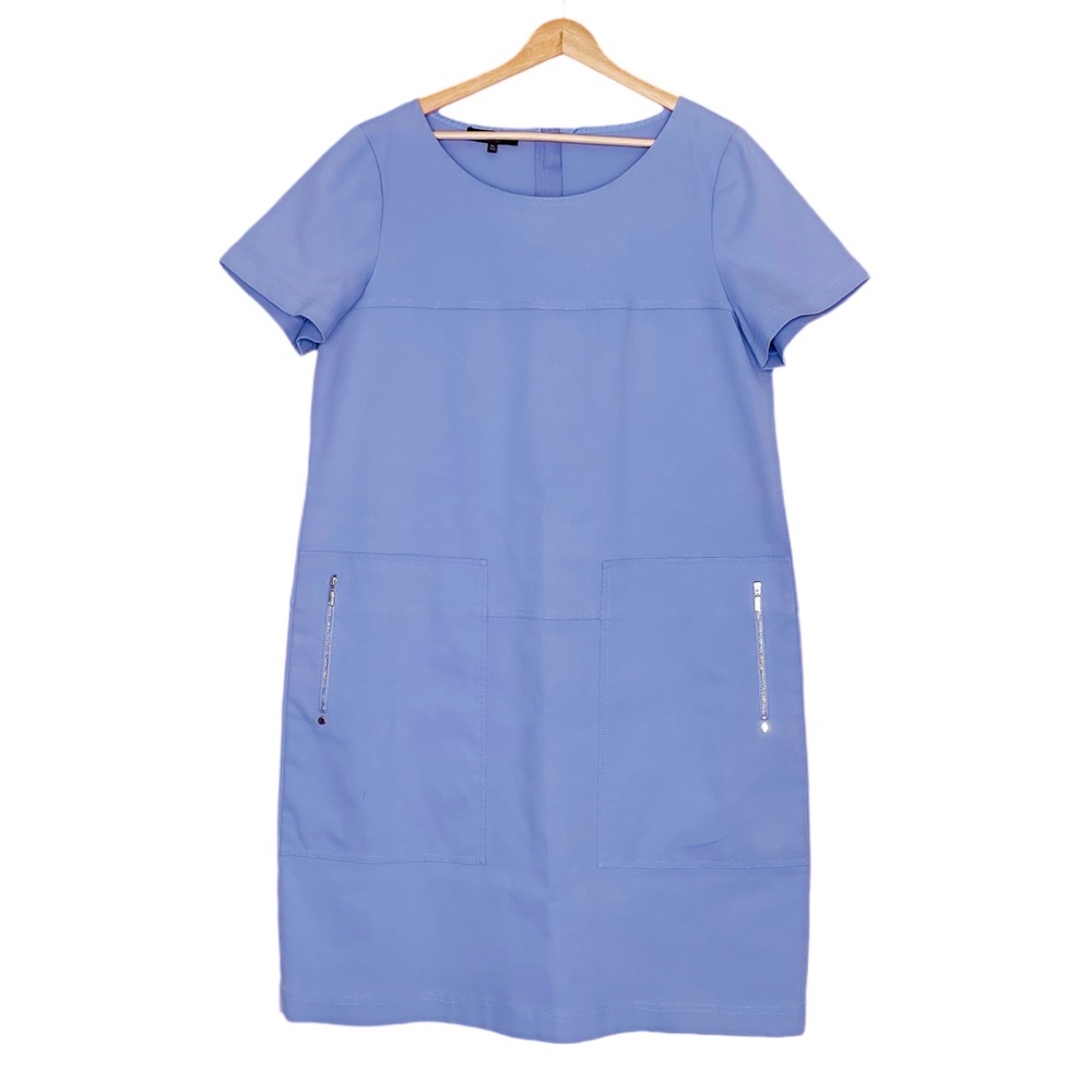 Lafayette 148 New York Periwinkle Blue Shift Dress XL Short Sleeve Zip Pockets
